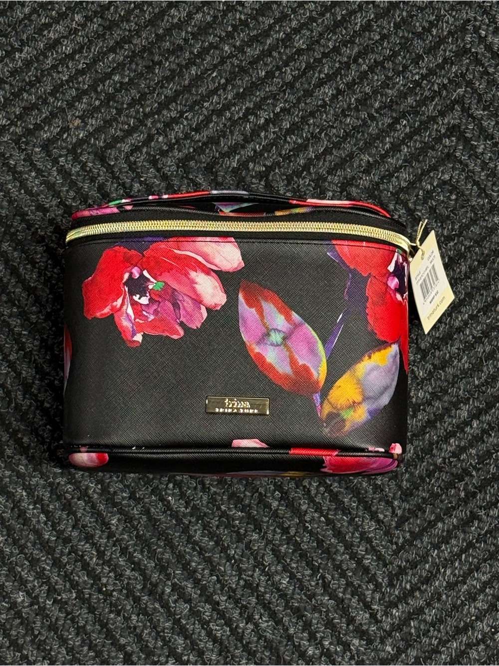 Trina Turk Black Floral Cosmetic Case with Gold Hardware